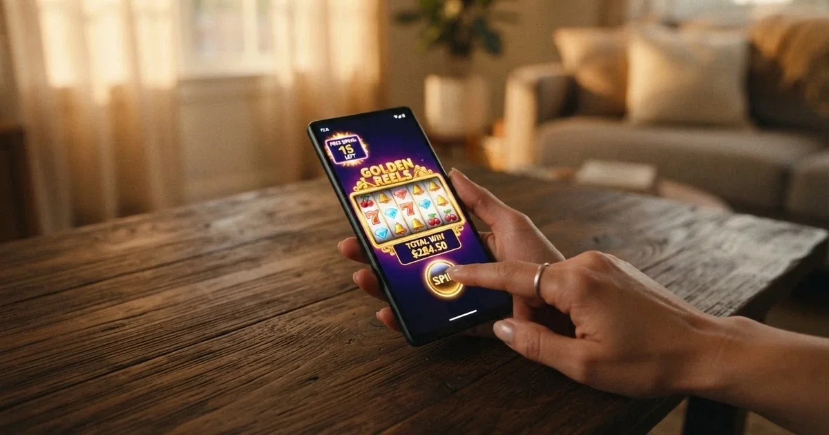 Un par de manos sosteniendo un móvil con una ruleta de slots en la panalla y el texto «Tiradas gratis» sobreimpreso