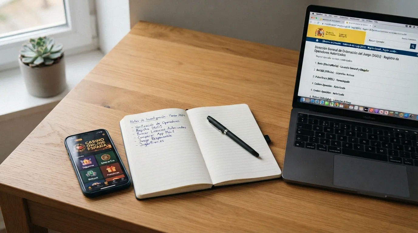 Un escritorio con un teléfono, una libreta con anotaciones y la pantalla del ordenador mostrando el registro oficial de la DGOJ
