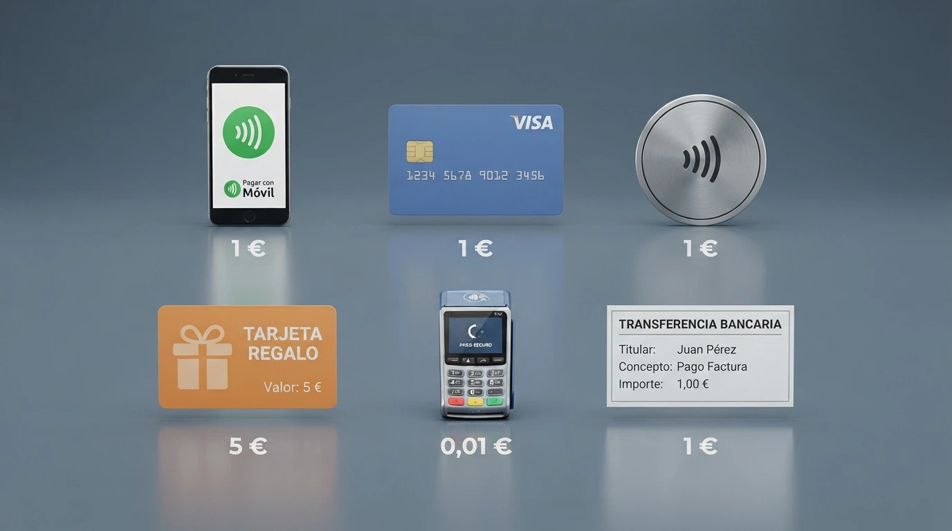 Iconos de métodos de pago — Bizum, Visa, Mastercard, PayPal, Paysafecard, transferencia bancaria — cada uno con su importe mínimo anotado debajo