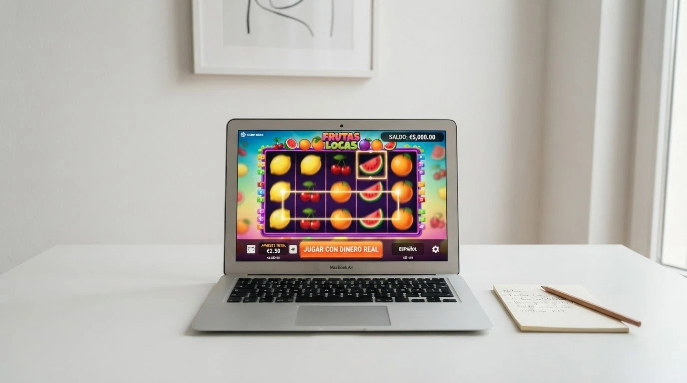 Interfaz de un casino online con una slot abierta en modo demo, mostrando el saldo ficticio y el botón de «jugar con dinero real» en contraste