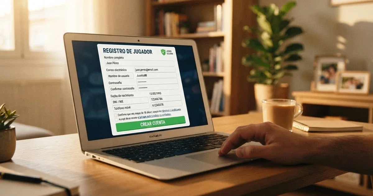 Pantalla de inicio de un casino online con licencia DGOJ mostrando el registro de nuevo usuario y el sello de juego seguro en español
