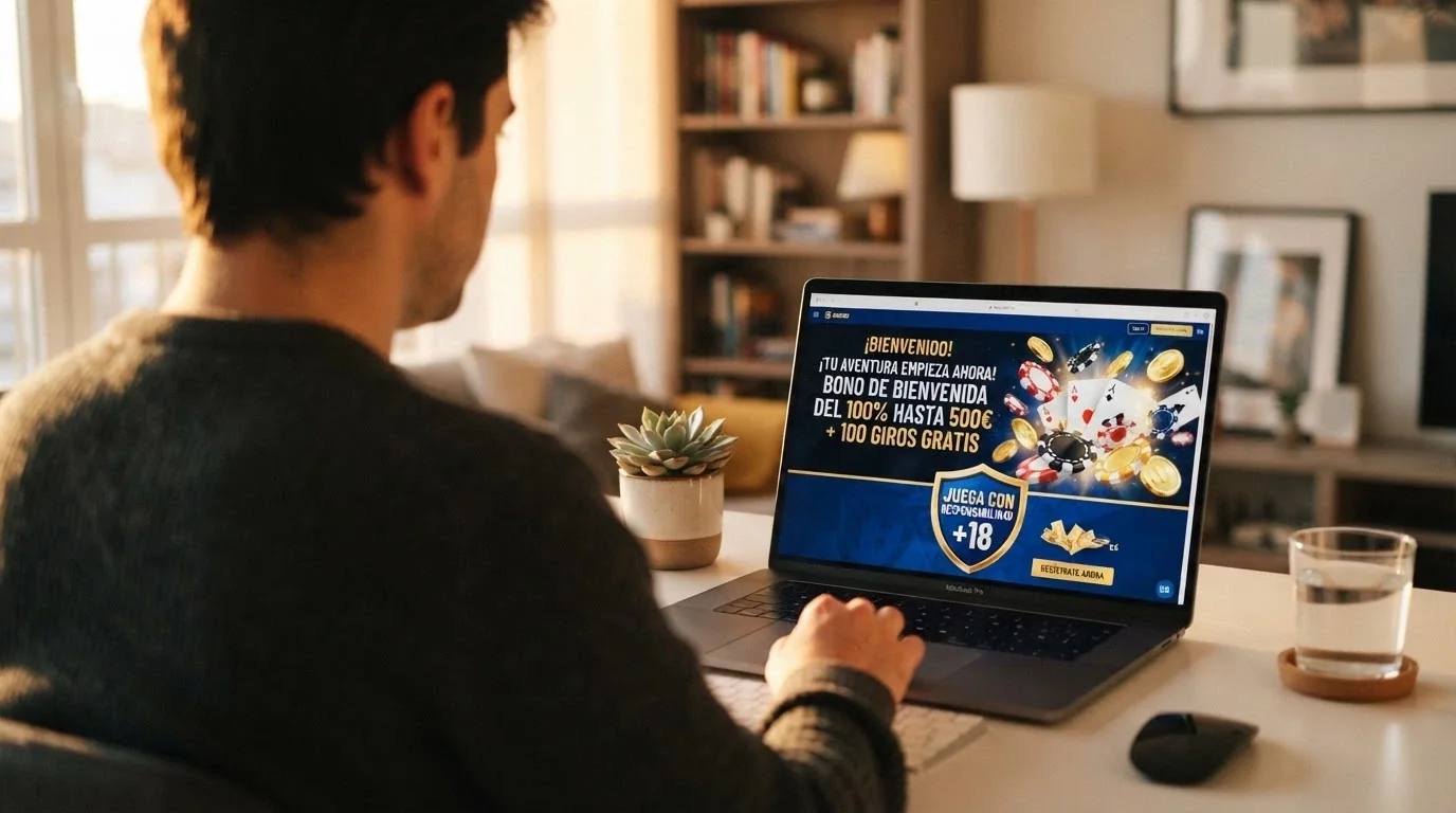 Fachada digital de un casino online recién lanzado en España con el distintivo de licencia DGOJ y una promoción de bienvenida en la portada