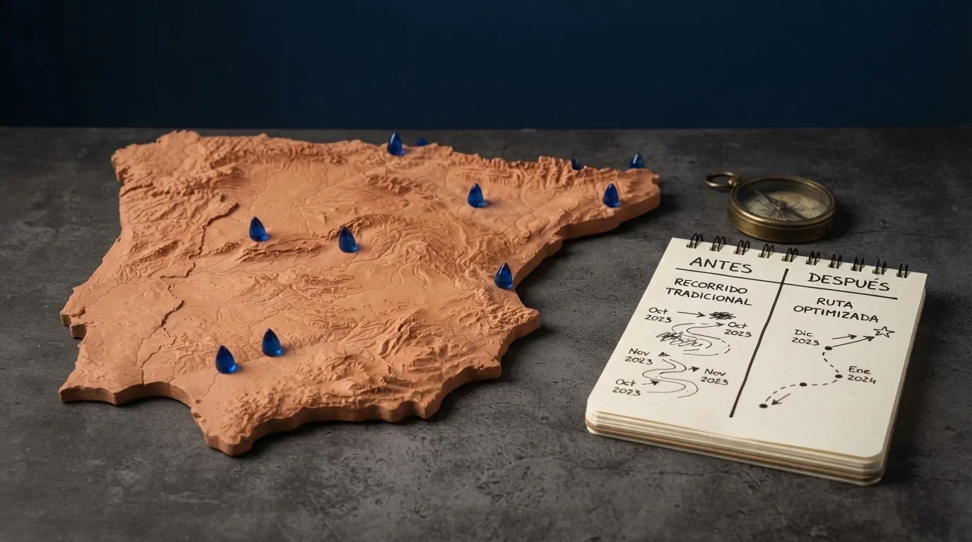 Un mapa de España con iconos de casino online distribuidos por el territorio y un calendario que marca abril de 2024 como punto de inflexión regulatorio