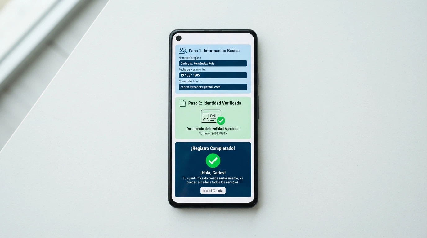 Secuencia visual de tres pasos en la pantalla de un casino: registro cumplimentado, pantalla de verificación de identidad con DNI, y confirmación de código promocional activado.