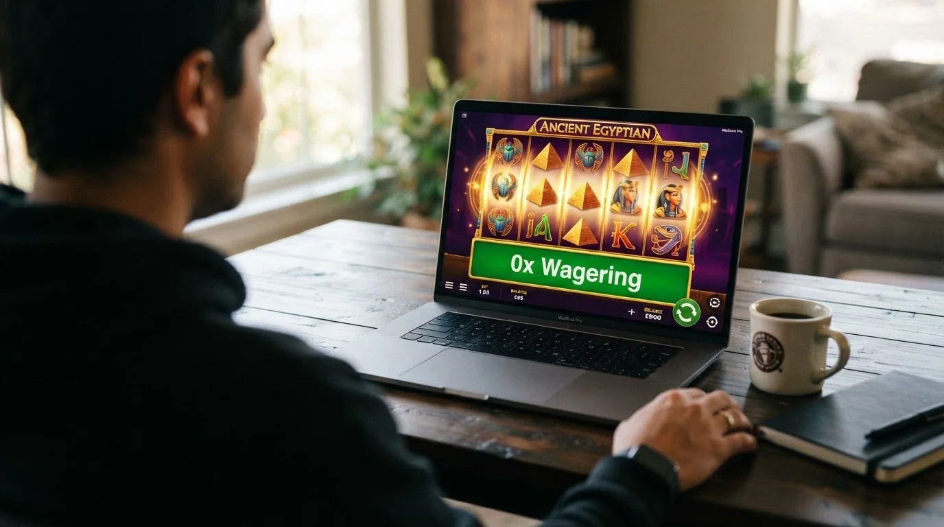 Una pantalla de slot con el texto «0x wagering» destacado en verde sobre la interfaz de juego de Queen of Pyramids