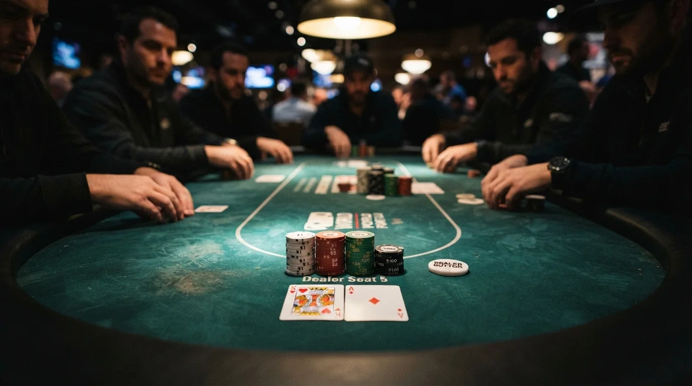 Mesa de póker en un torneo del Casino Barcelona con fichas y cartas sobre el tapete