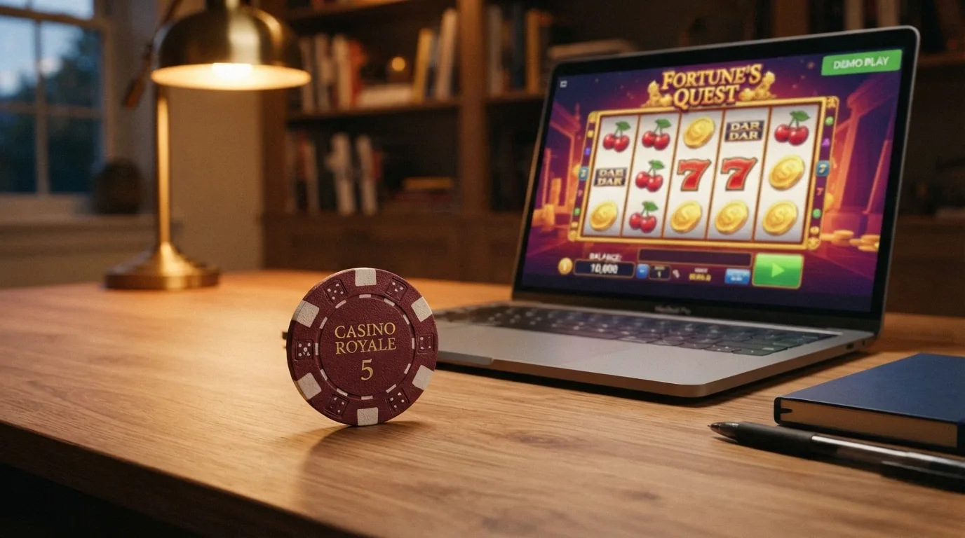 Ficha de casino apoyada sobre una mesa con la pantalla de un portátil al fondo mostrando un juego en modo demo