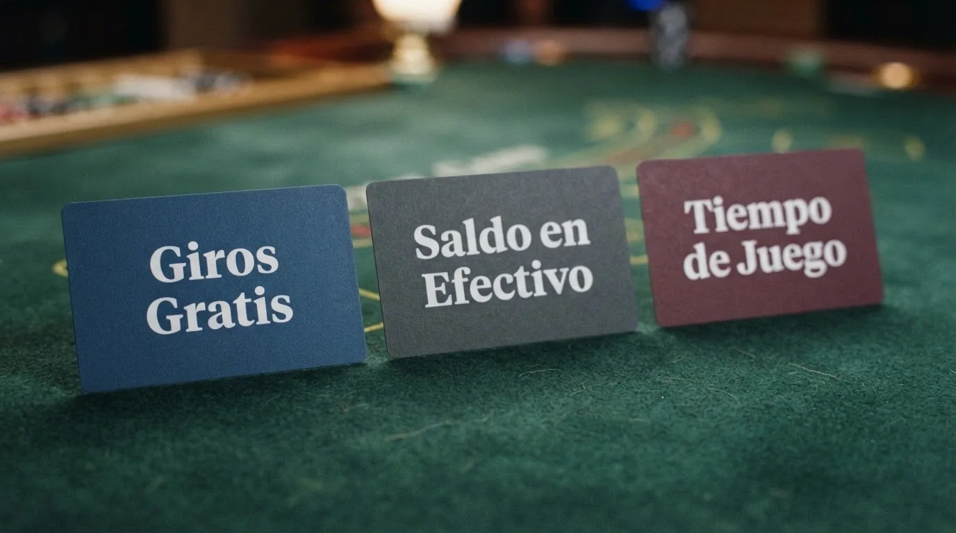 Tres tarjetas de bono de casino con los textos «giros gratis», «saldo en efectivo» y «tiempo de juego» sobre una mesa de juego.