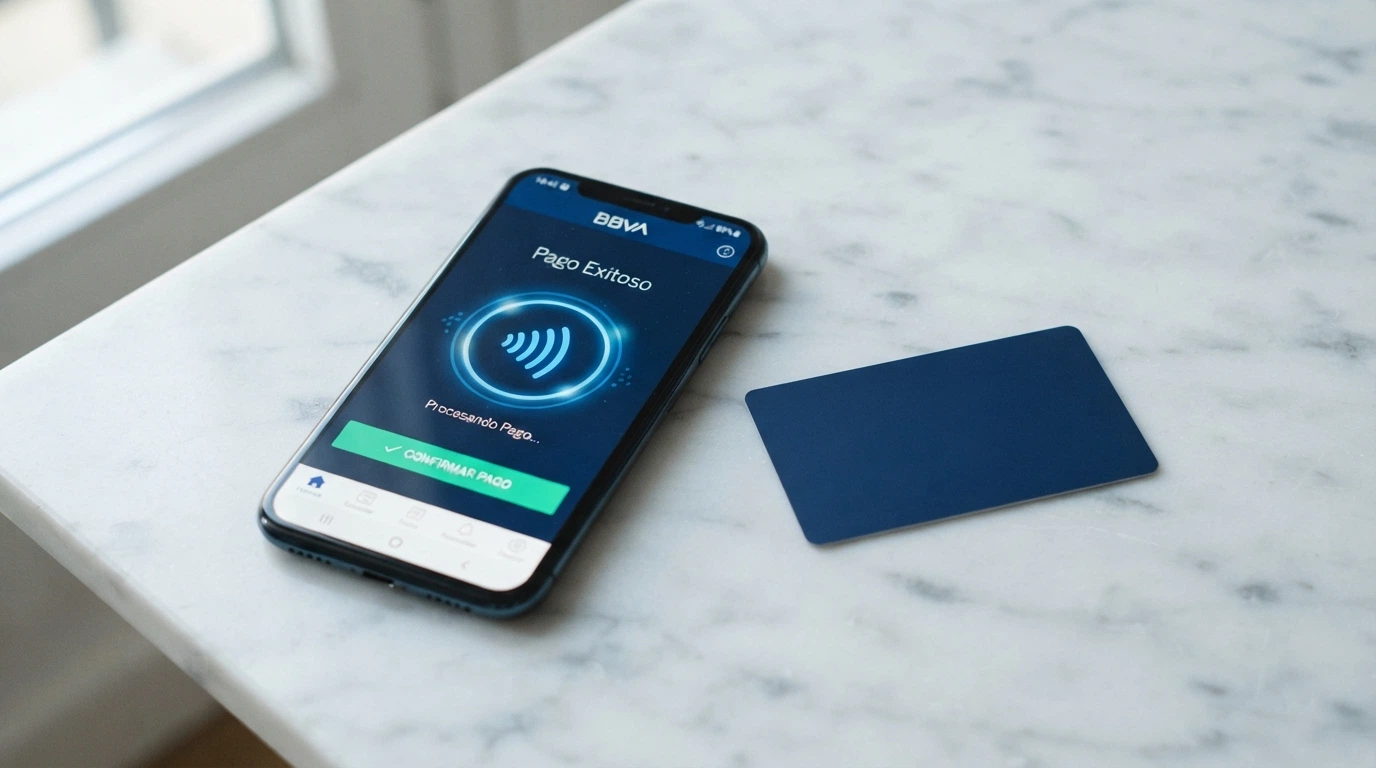 Pantalla de un móvil mostrando la interfaz de la app CaixaBank Pay con el logo de la entidad y la opción de pago NFC activa, junto a una tarjeta VISA CaixaBank sobre una mesa