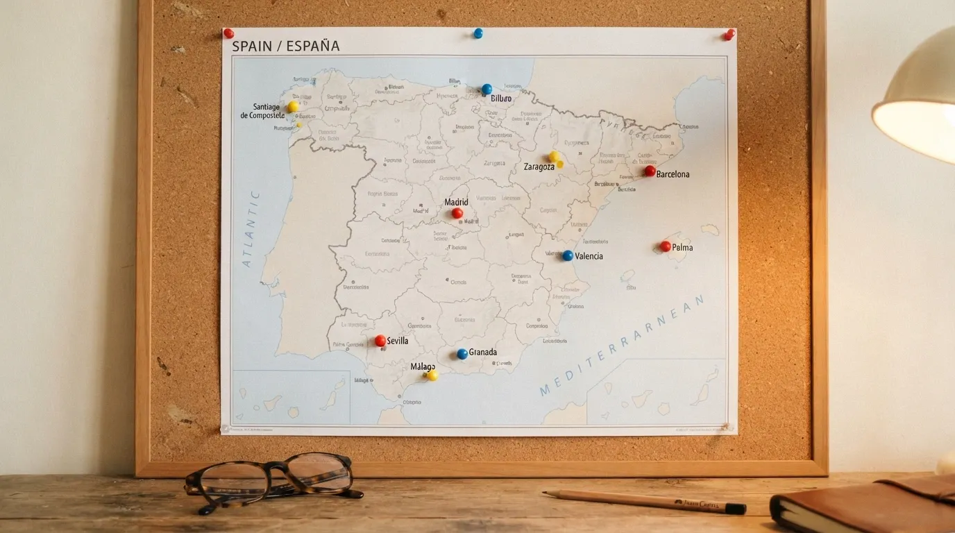 Mapa de España con chinchetas sobre las sedes de los principales operadores DGOJ analizados en la comparativa