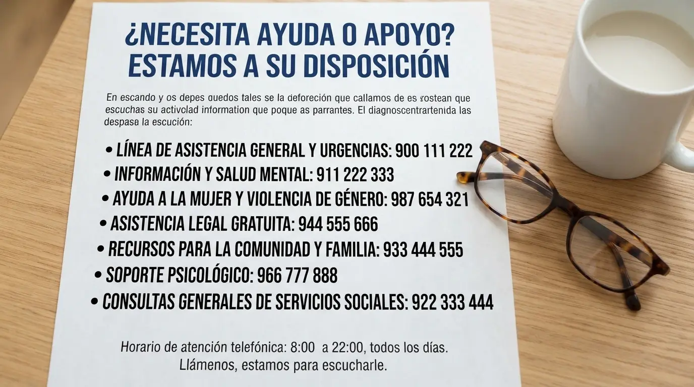 Cartel informativo con los números de teléfono de ayuda de FEJAR y el servicio de atención de la DGOJ sobre una mesa
