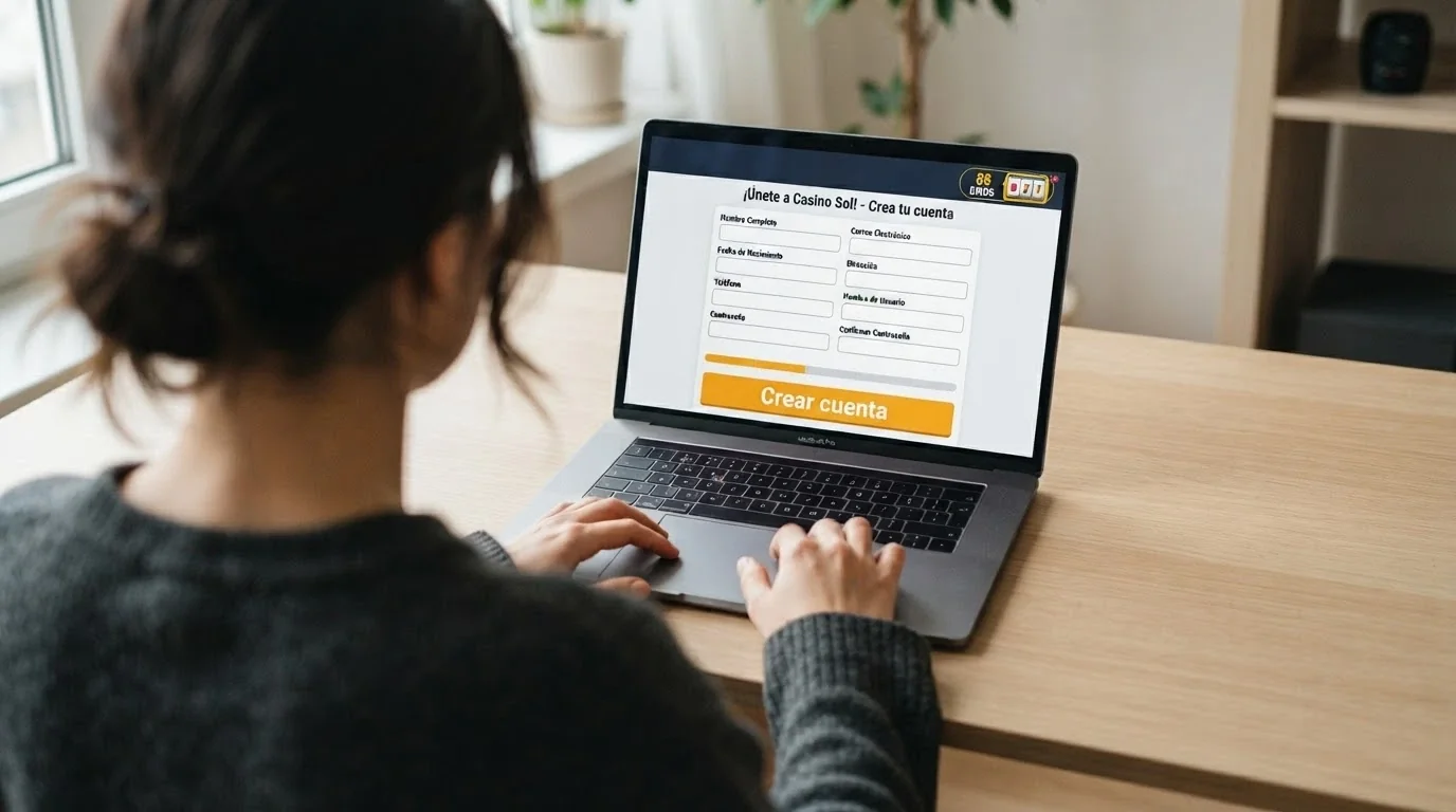 Pantalla de formulario de registro en un casino online con el botón «crear cuenta» resaltado y un contador de giros gratis visible
