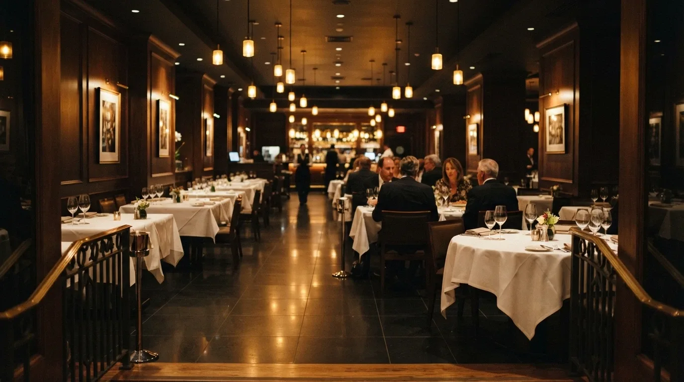 Interior del restaurante del Casino Barcelona con mesas vestidas e iluminación de ambiente
