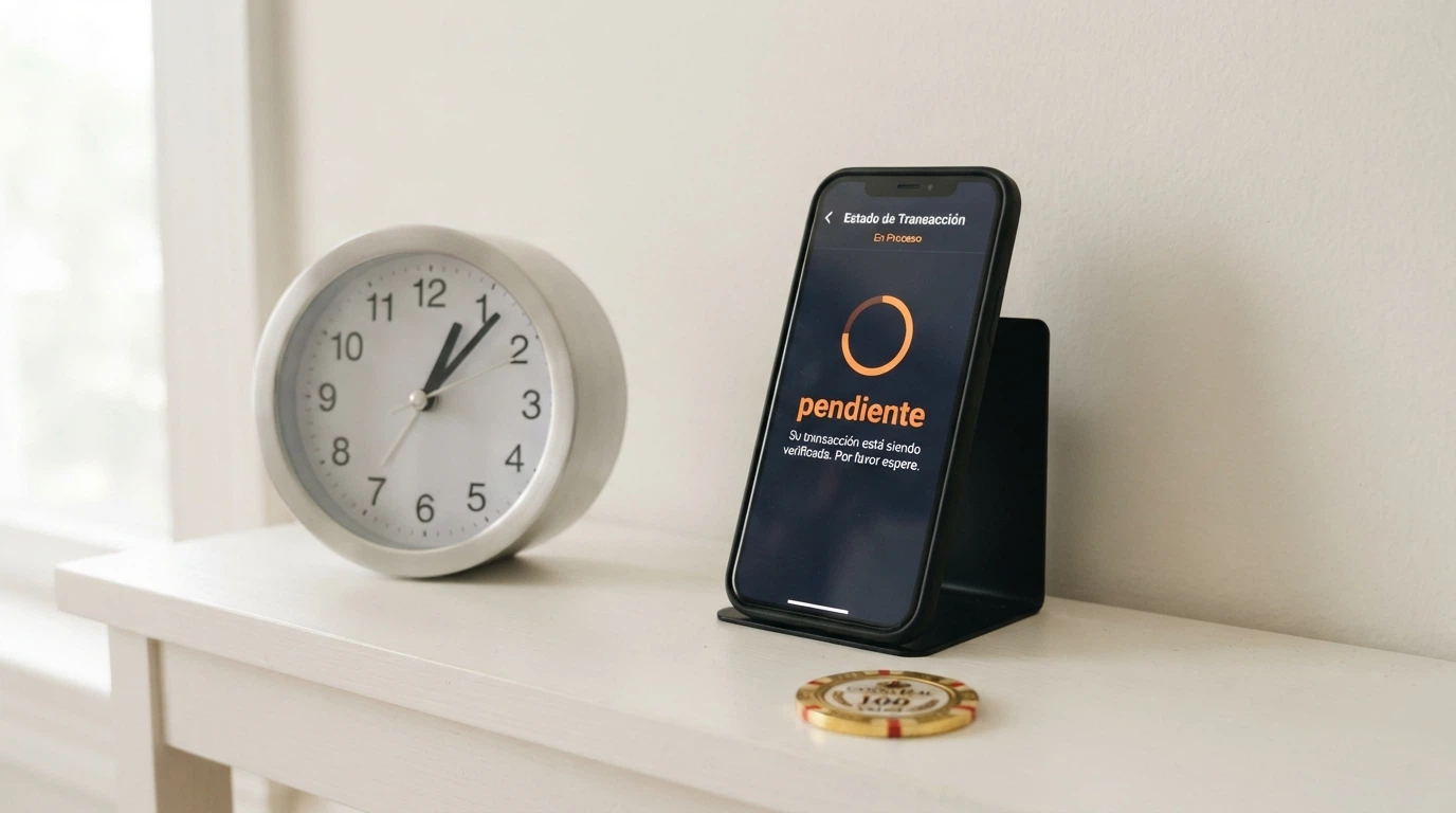 Reloj junto a una pantalla de wallet mostrando una transacción BCH con el estado «pendiente»