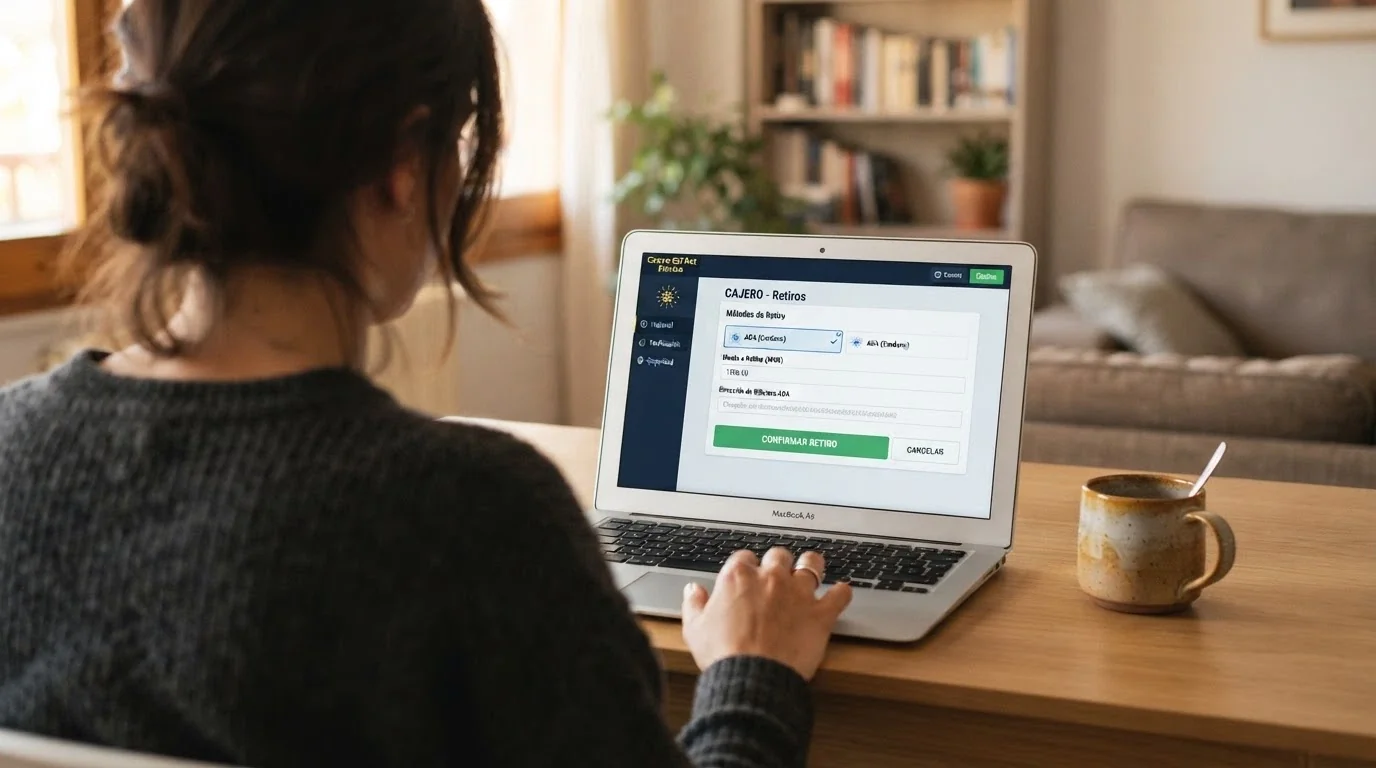 Interfaz de retirada de un casino online mostrando la opción de Cardano (ADA) como método de cobro