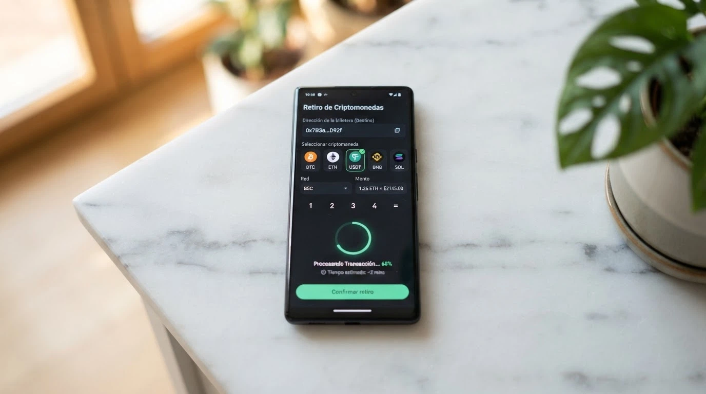 Interfaz de retirada de un casino cripto mostrando un campo de dirección de wallet, el desplegable de criptomonedas aceptadas y un reloj con el tiempo estimado