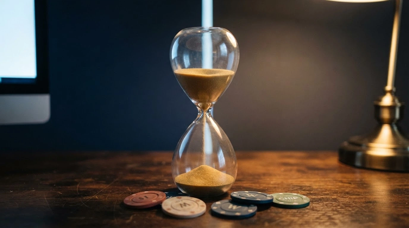 Reloj de arena partido por la mitad: la arena de arriba cae sobre un logotipo de Solana y la de abajo, sobre el logotipo de un casino