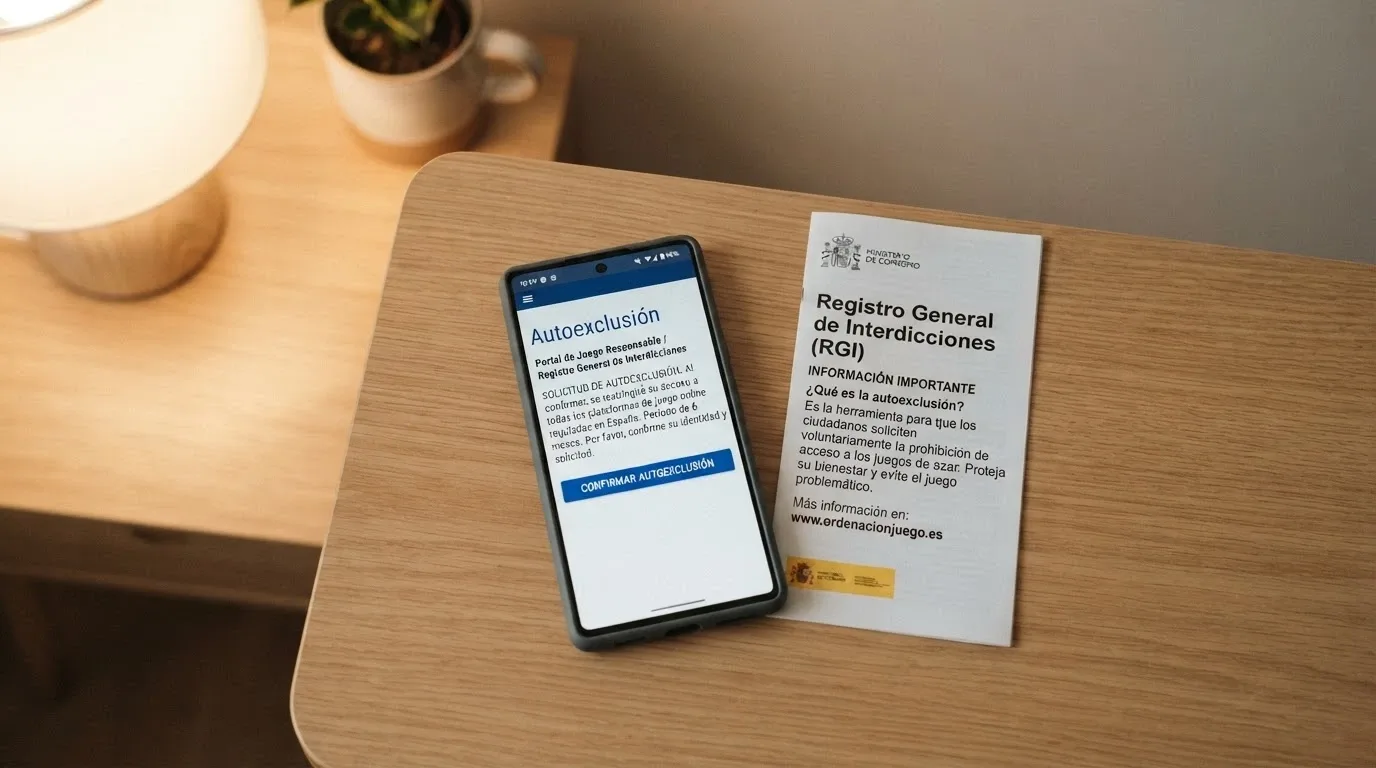 Pantalla del portal de la DGOJ mostrando el acceso al RGIAJ y las opciones de autoexclusión junto a un teléfono con el número de ayuda