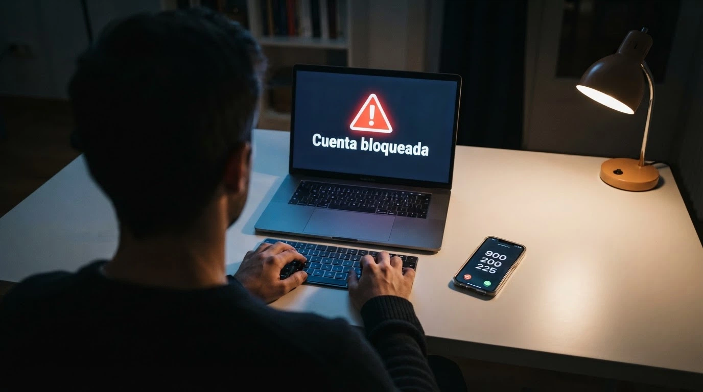 Manos sobre un teclado con una notificación de cuenta bloqueada en pantalla y el teléfono de ayuda al jugador visible