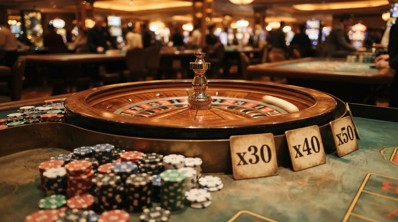 Una ruleta con multiplicadores x30, x40 y x50 girando, y fichas acumulándose en el centro
