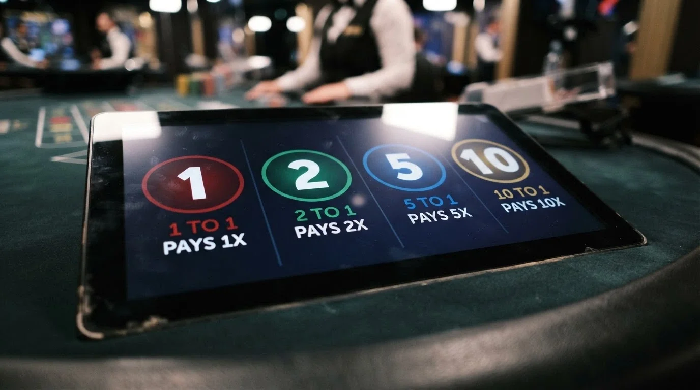 Primer plano del panel de apuestas de Crazy Time con los cuatro números (1, 2, 5, 10) y sus respectivos multiplicadores en pantalla