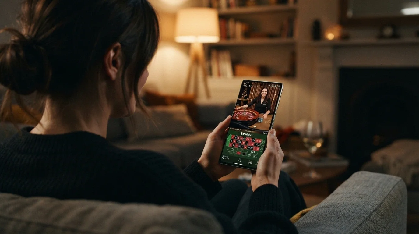 Un crupier real detrás de una mesa de ruleta visto a través de la pantalla de un teléfono con la interfaz táctil de apuestas superpuesta