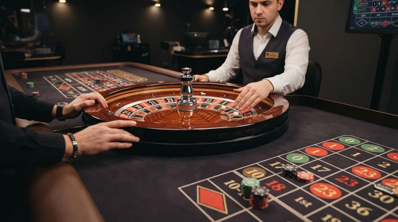 Mesa de ruleta en vivo con crupier y la interfaz de apuestas en pantalla