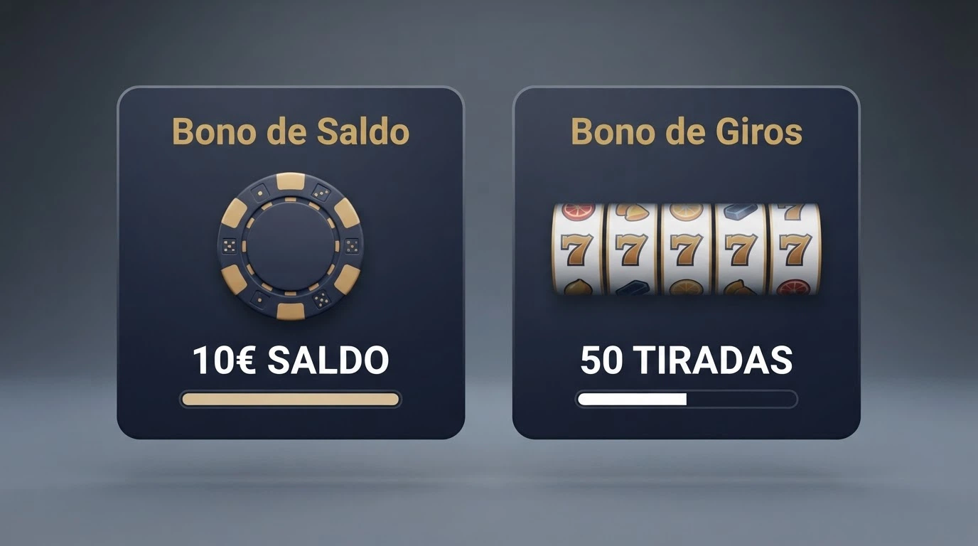 Comparación visual entre una oferta de 10€ en saldo de bono y una de 50 tiradas gratis en la pantalla de un casino, con el valor real de cada una destacado