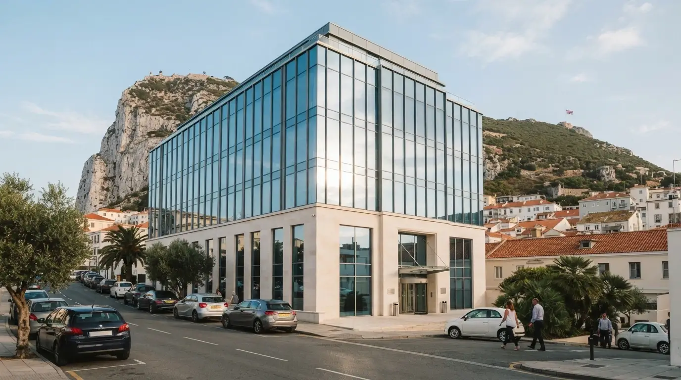 Fachada de un edificio de oficinas moderno en Gibraltar con logotipos de operadores de juego internacionales