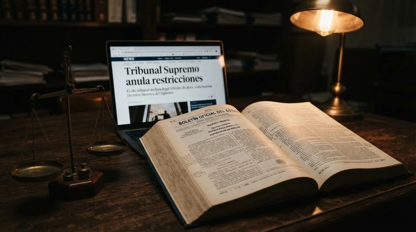 Un ejemplar del BOE abierto junto a una balanza, con el titular «Tribunal Supremo anula restricciones» en la pantalla