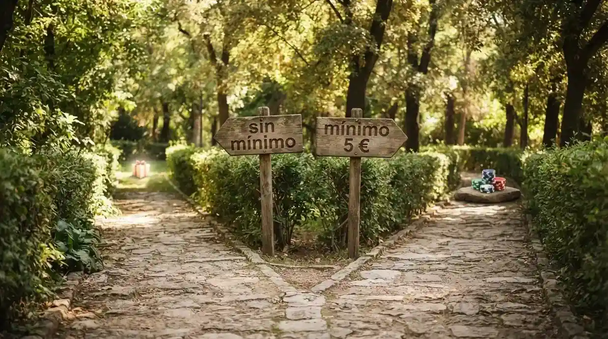 Dos caminos que se bifurcan: uno con la etiqueta «sin mínimo» y otro con «mínimo 5 €», cada uno con un icono de bono diferente al final