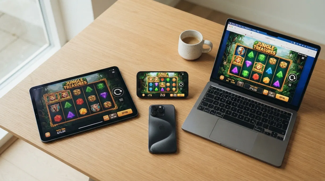 Tres dispositivos (móvil, tablet y portátil) mostrando el mismo slot de BTG en el navegador, con la interfaz adaptada a cada pantalla