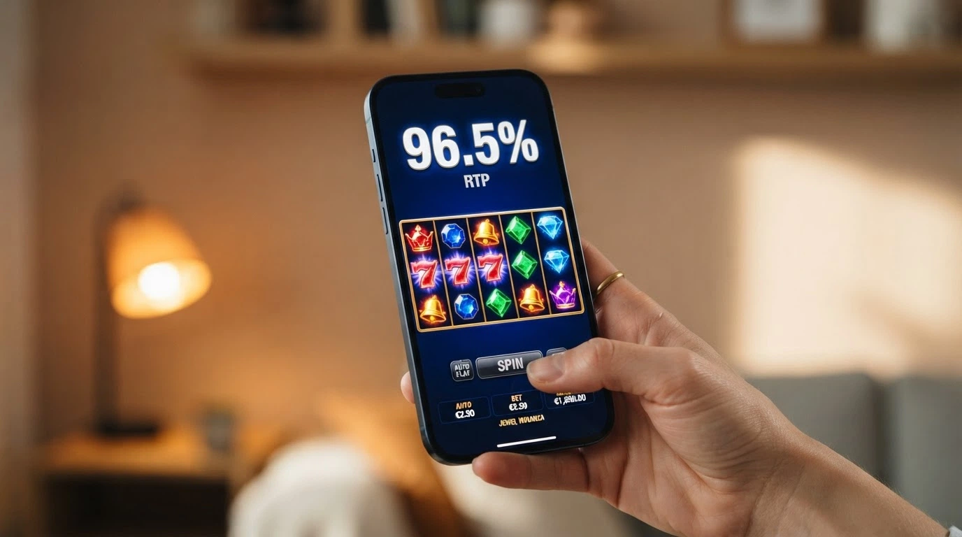 Pantalla de una tragaperras online con el valor de RTP visible en la interfaz de juego