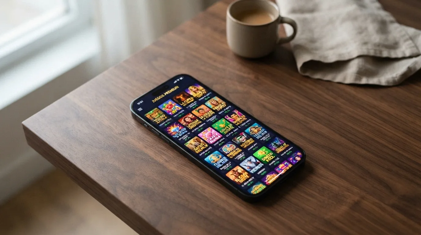 Captura de varias tragaperras populares (Book of Dead, Gates of Olympus, Starburst) en la pantalla de un teléfono con sus fichas de RTP visibles