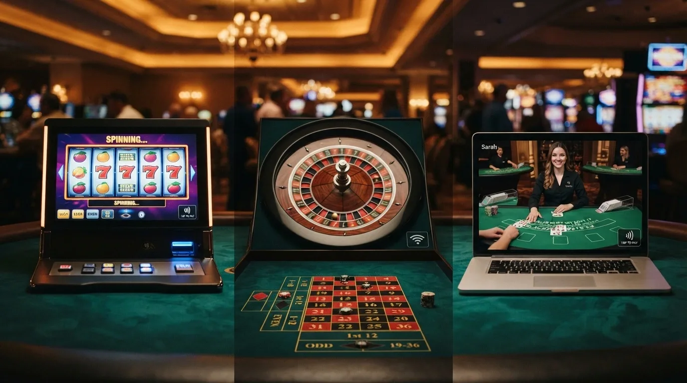 Composición con tres pantallas: una tragaperras online, una mesa de ruleta y un crupier en vivo, con el icono de Apple Pay presente