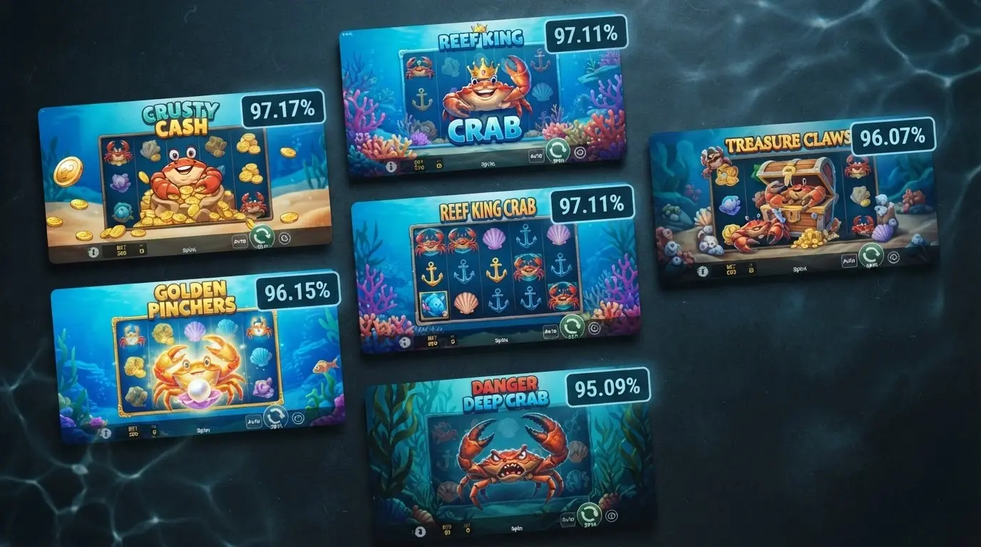 Collage de las pantallas de título de los cinco slots de cangrejo analizados: Cash & Crab, Crab Trap, 4 Crabbin' Fortunes, Bigger Cash & Crab y Crabby's Gold II, con su RTP sobreimpreso en cada carátula