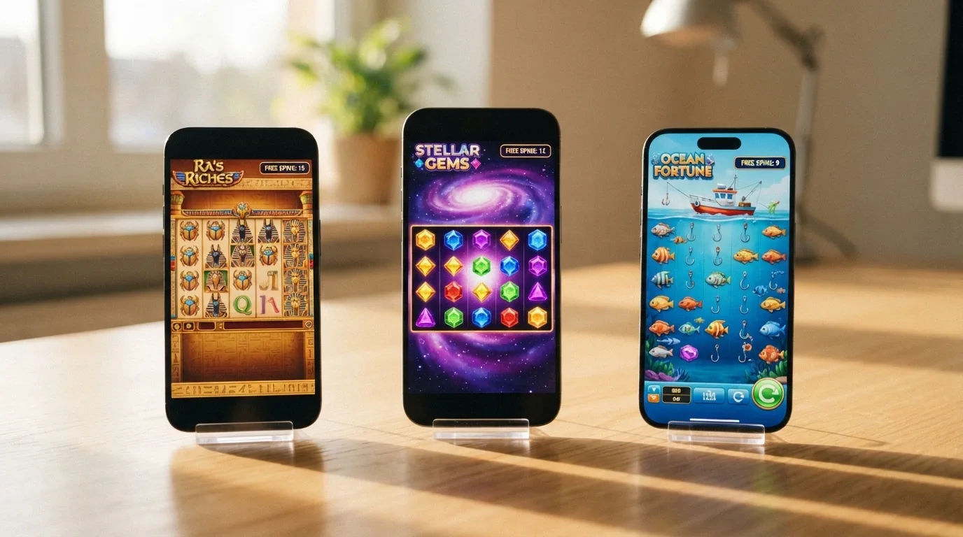 Primer plano de tres pantallas de móvil mostrando las slots Book of Dead, Starburst y Big Bass Bonanza con el contador de tiradas gratis activo
