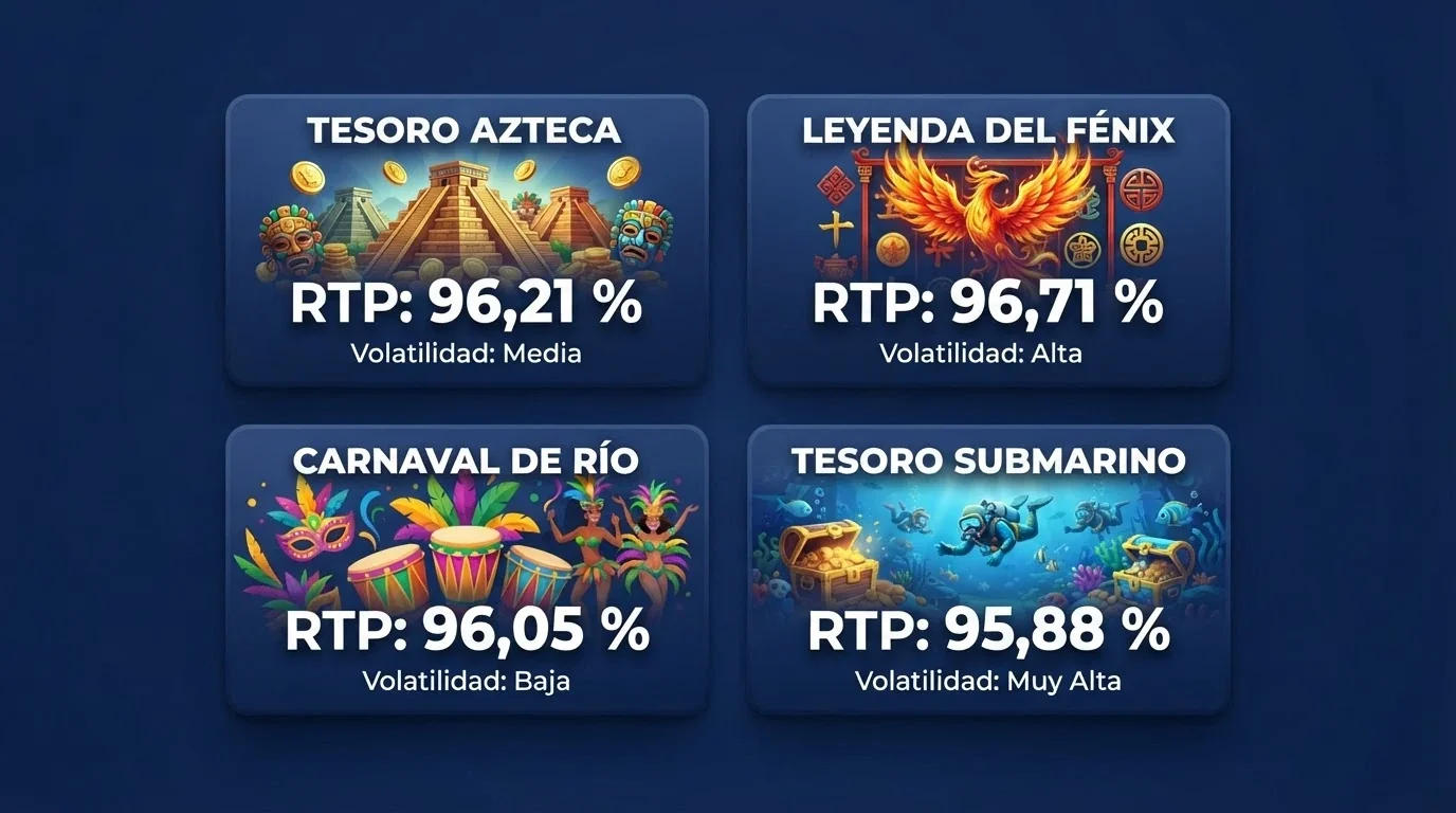 Una cuadrícula de caráulas de slots popularess (Book of Dead, Starbrust, Sweet Bonanza) con su RTP sobreimpreso en cada una