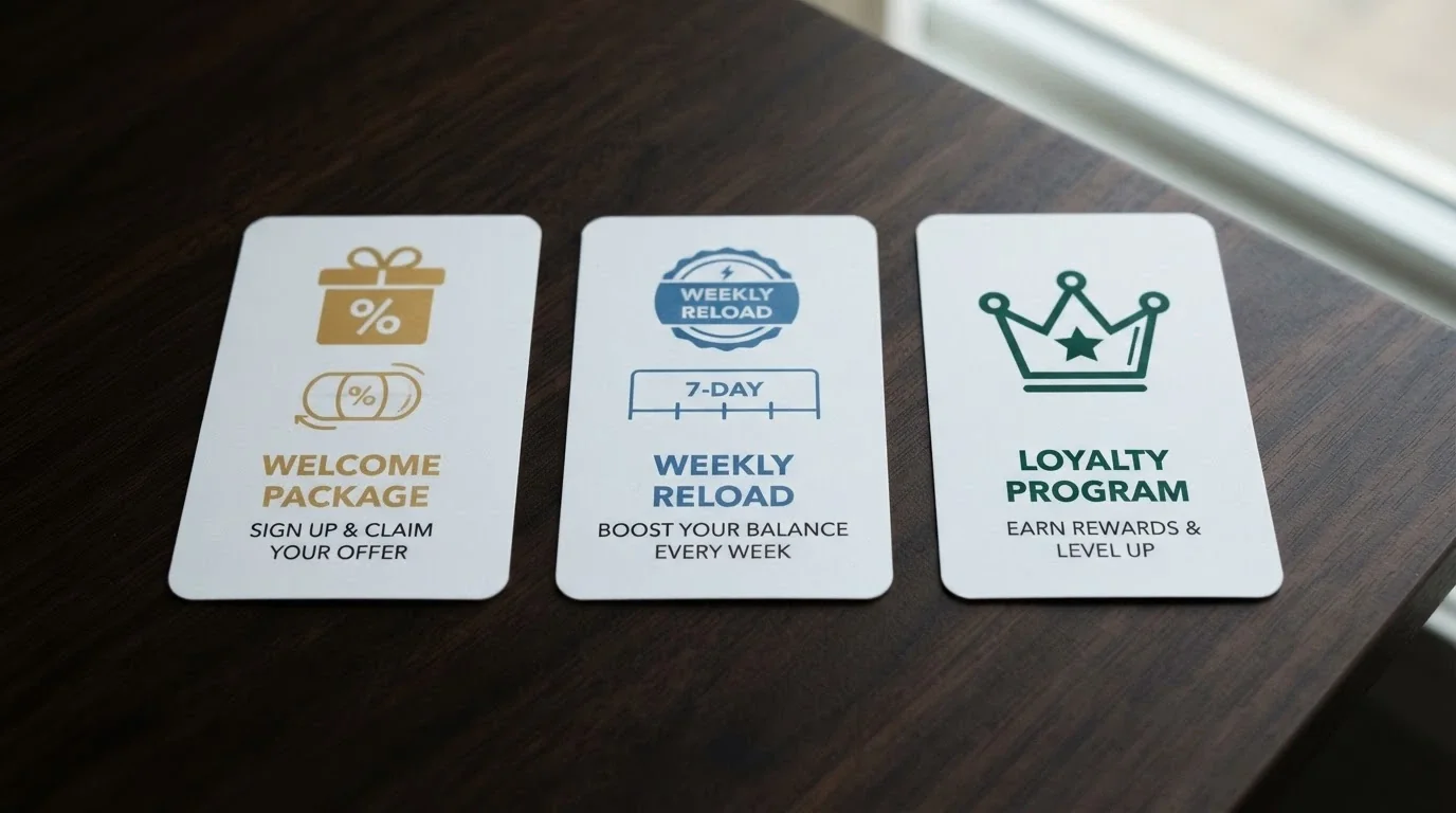 Tres tarjetas de promoción alineadas mostrando los tres tipos de bono Bonus Crab: bienvenida con match y giros, recarga semanal y premio de fidelización