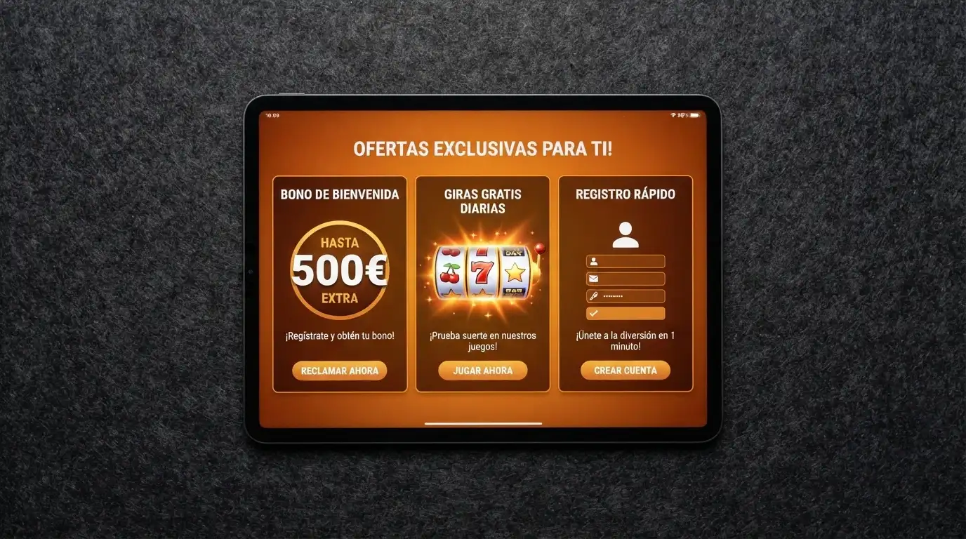 Pantalla de promoción con tres tipos de bono sin depósito: saldo en euros, tiradas gratis y bono por registro