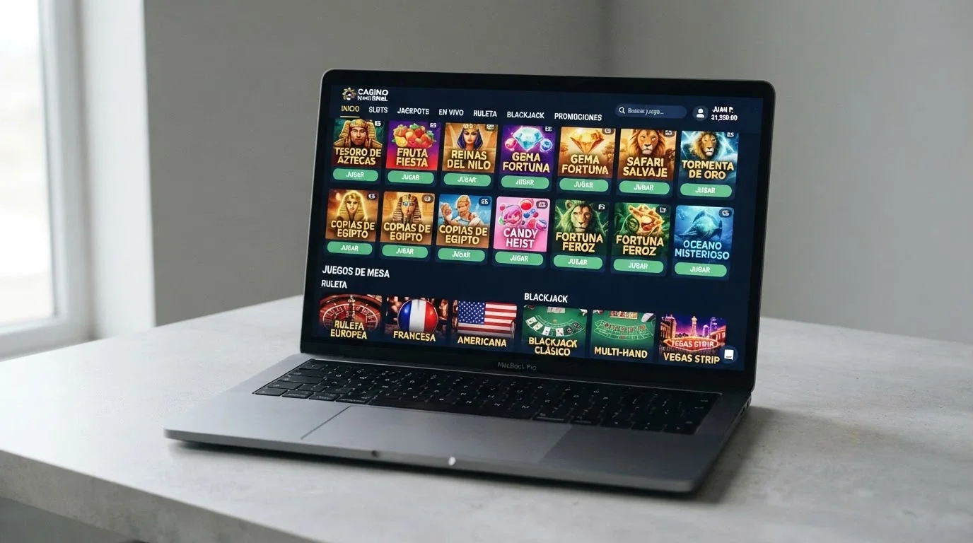 Vitrina de juegos de casino online con miniaturas de tragaperras, ruleta y blackjack, organizadas por categorías