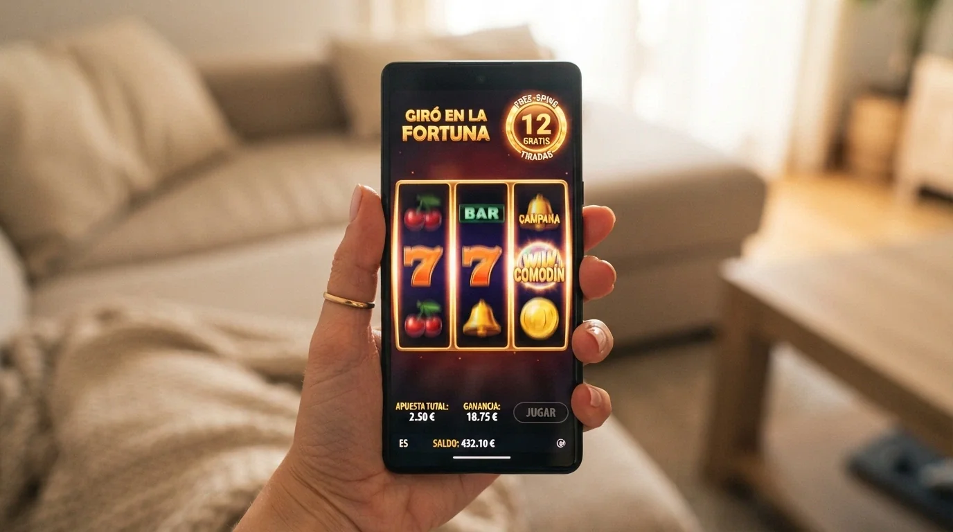 Mano sosteniendo un móvil con una tragaperras en pantalla y un contador de giros gratis activo