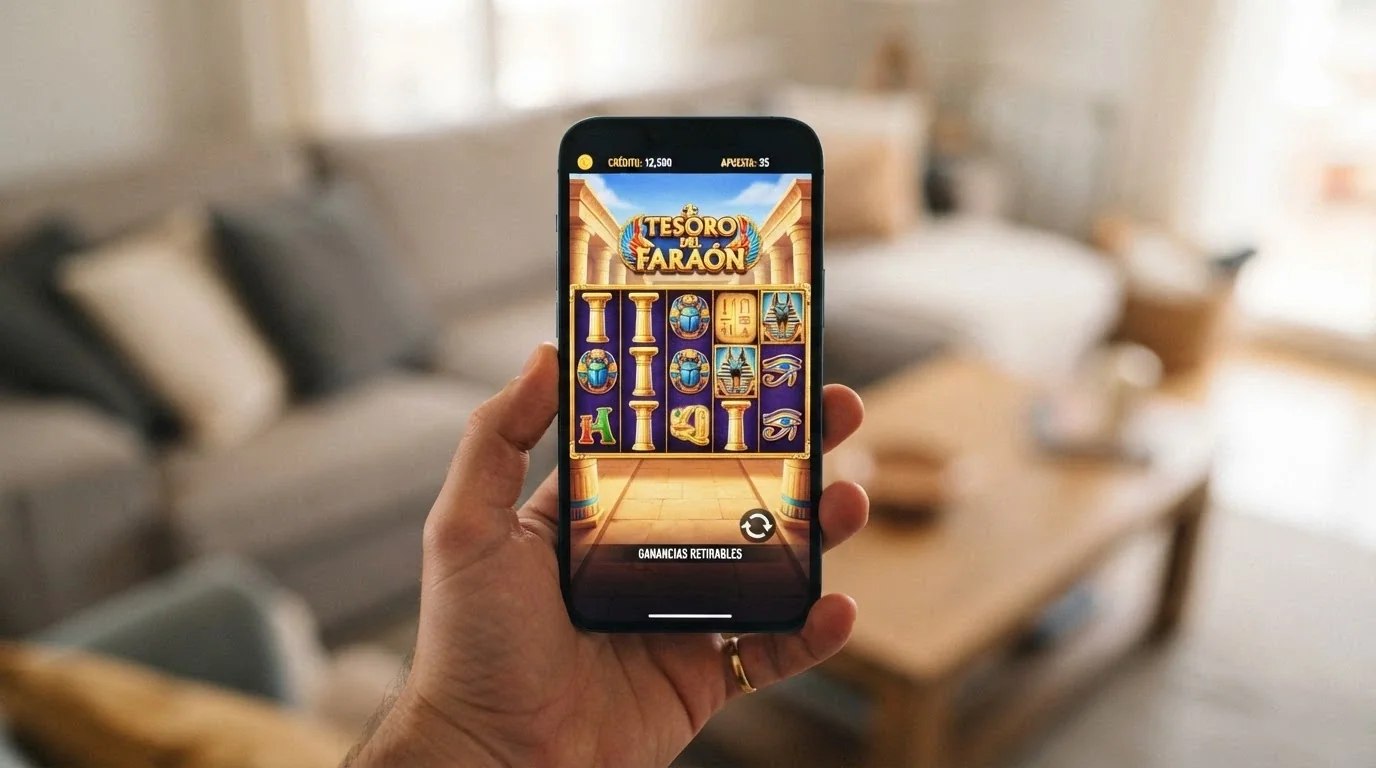 Mano sujetando un móvil con una pantalla de slot de temática egipcia y el texto «ganancias retirables» destacado