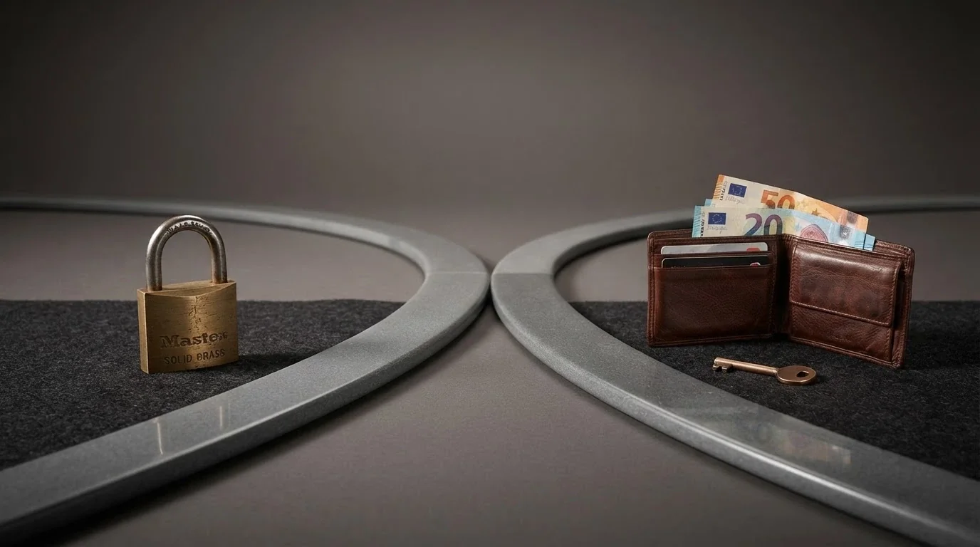 Dos caminos que se bifurcan: uno con un candado (sin depósito pero con rollover) y otro con una llave y una flecha hacia una cartera (sin depósito y sin rollover)