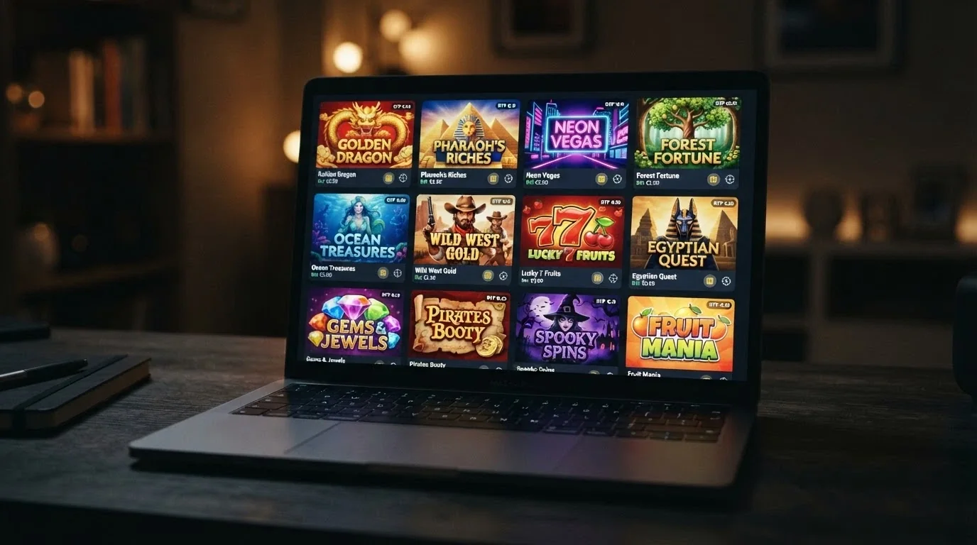 Parrilla de miniaturas de tragaperras online con títulos como Wanted Dead or a Wild visibles en la interfaz de un casino crypto.