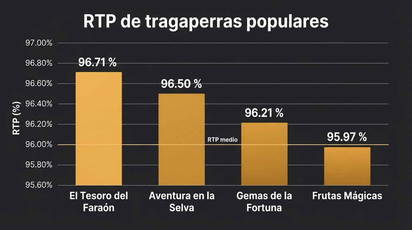 Una cuadrícula de portadas de tragaperras populares — Gates of Olympus, Sweet Bonanza, Book of Dead — con su porcentaje de RTP superpuesto