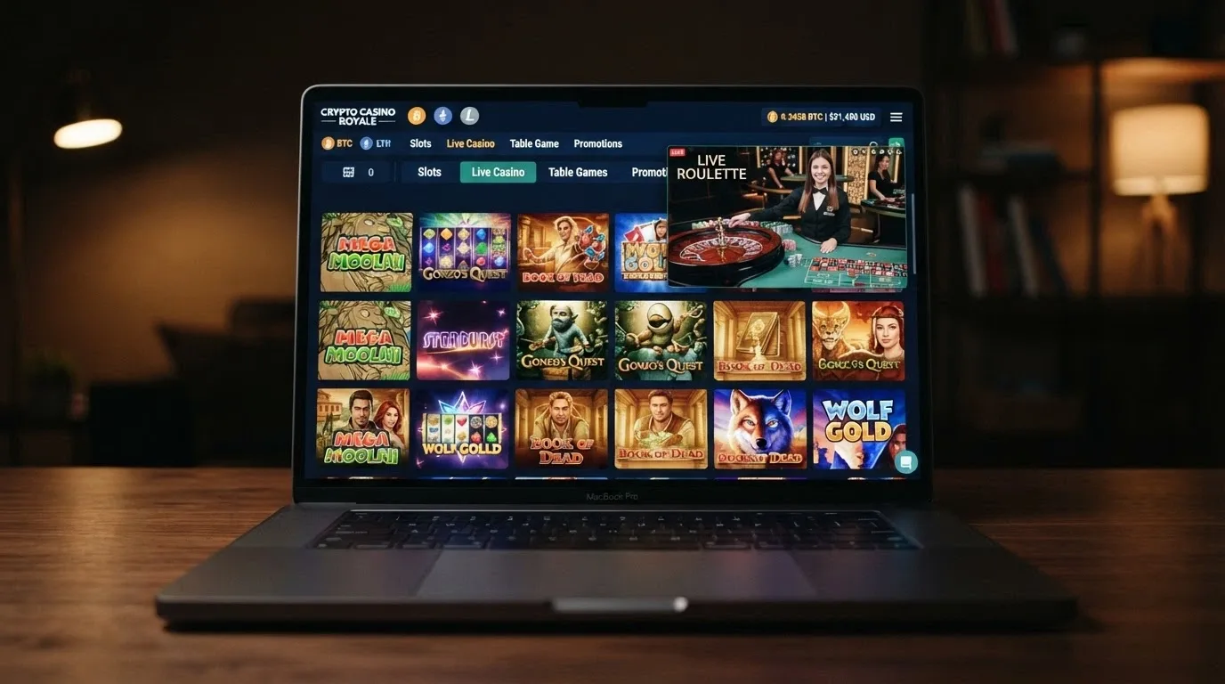 Interfaz de casino online con una cuadrícula de tragaperras y una mesa de ruleta en vivo en segundo plano