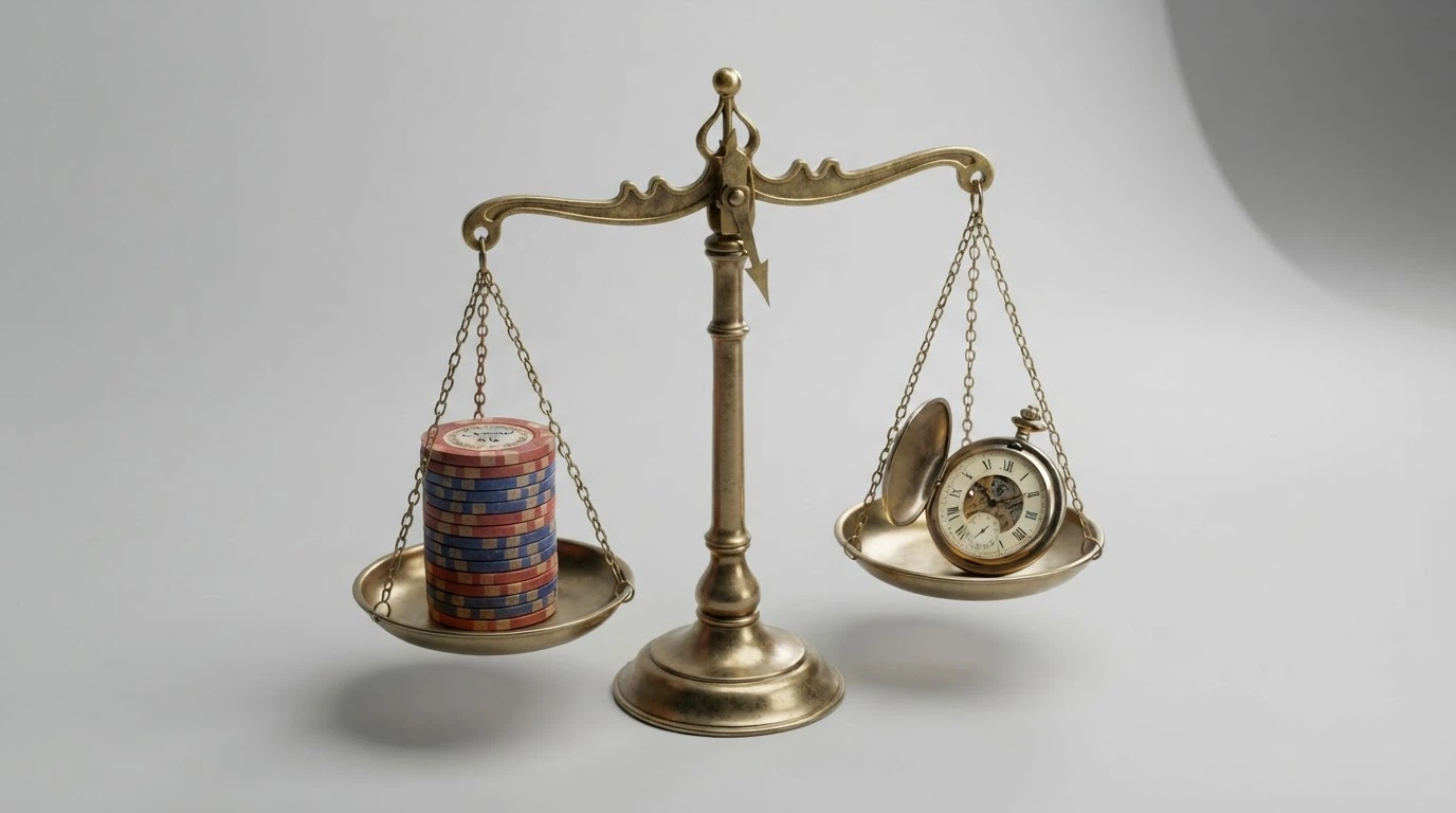 Una balanza con monedas de euro en un platillo y un reloj en el otro, sobre un fondo neutro