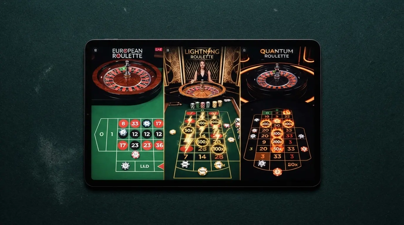 Tres ruletas en vivo diferentes en una misma pantalla: una ruleta europea clásica, una mesa de Ruleta Relámpago con rayos en la interfaz y una mesa de Mega Fire Blaze con los multiplicadores resaltados