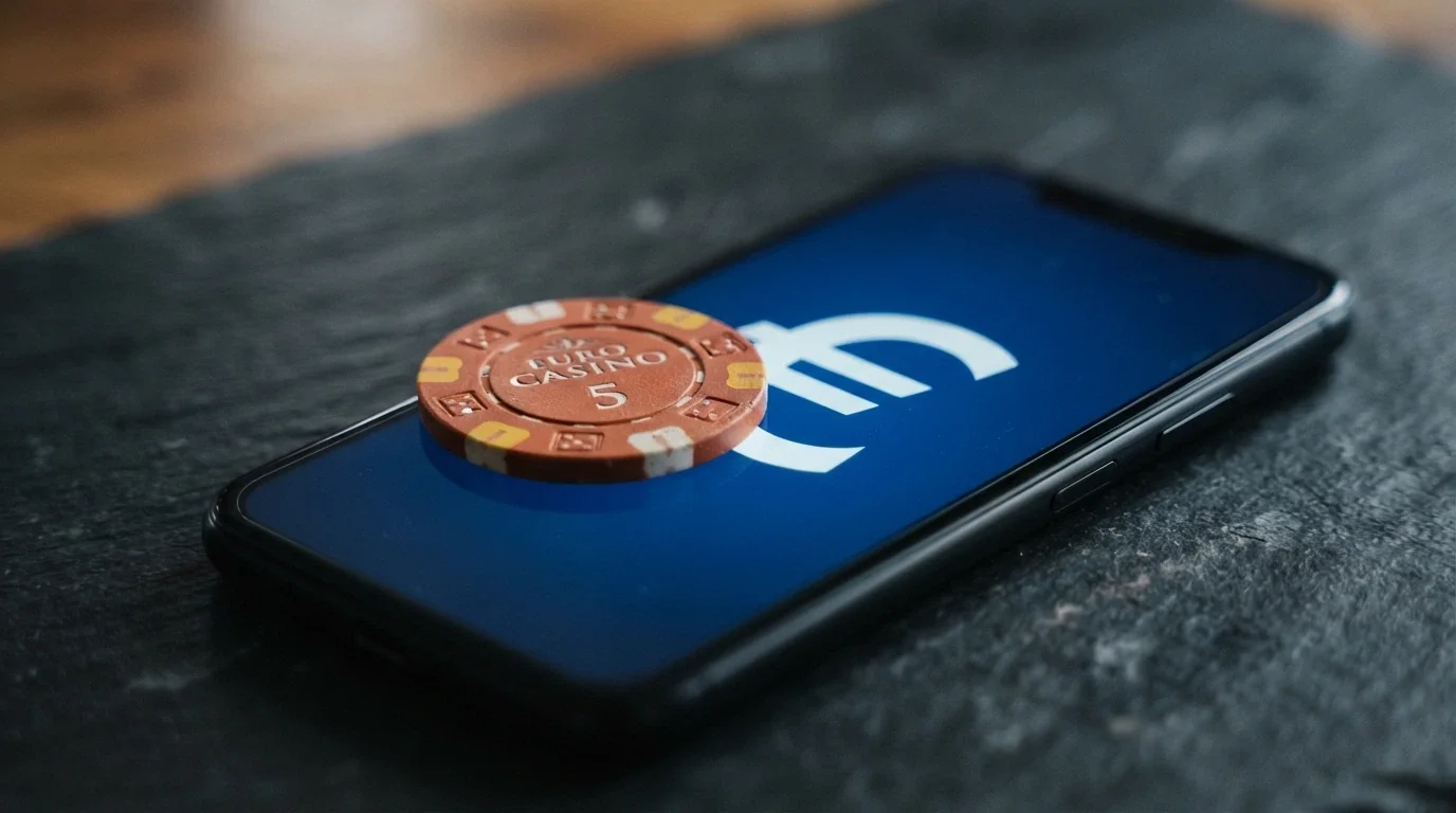 Un euro físico sobre la pantalla de un móvil que muestra el saldo de un casino online con licencia DGOJ